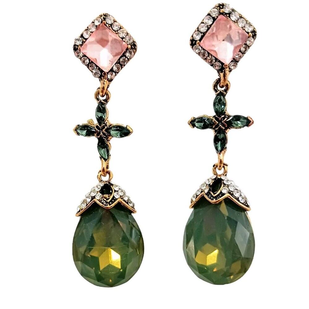 Elegant DROP‎ Earrings Simulated Emerald Diamonds Pink Sapphire Formal Glam Luxe